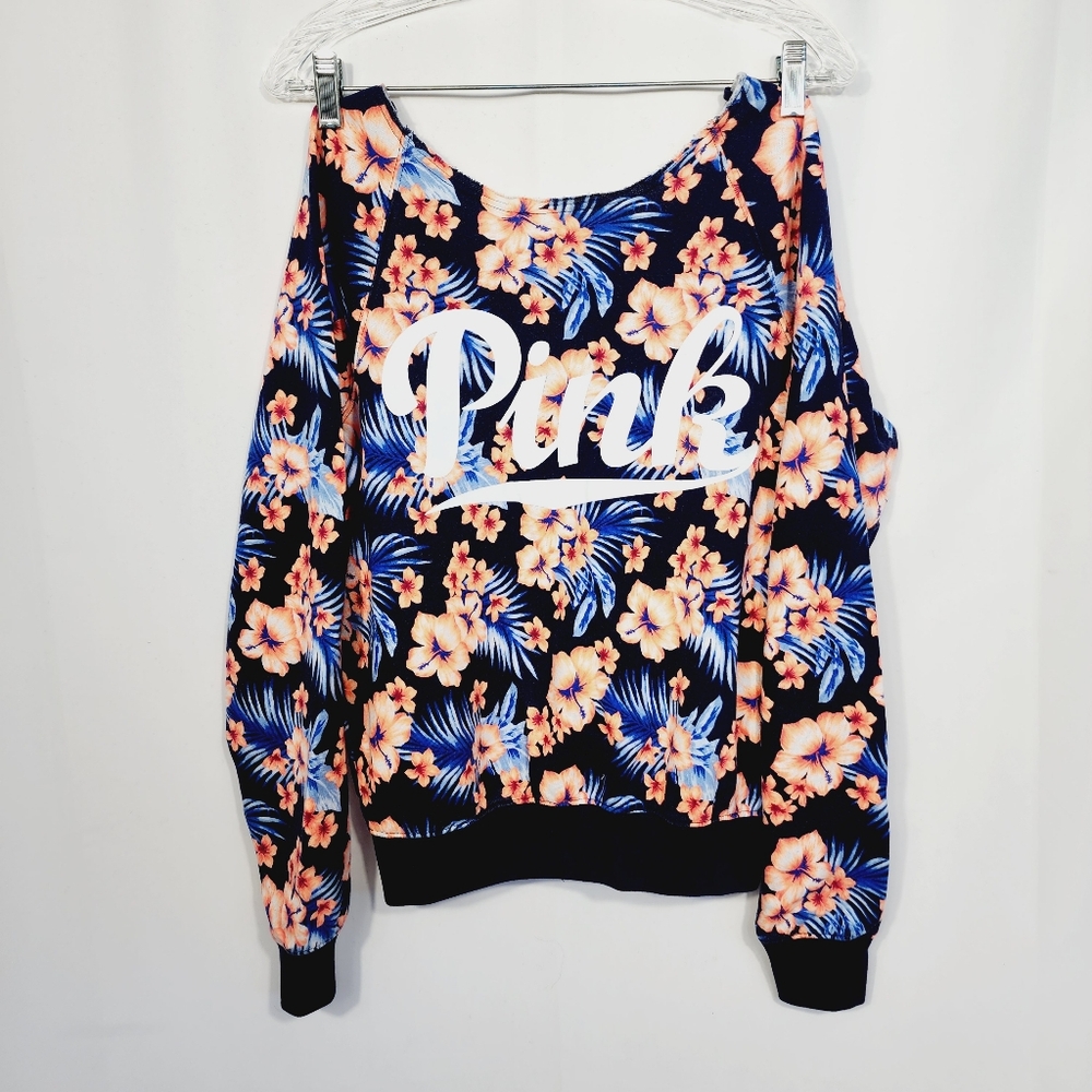PINK Victoria's Secret Sz XS Pullover Boatneck Graphic Hibiscus Print Sweater.